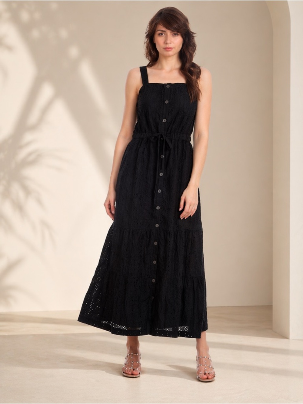 GAP Eyelet Midi Dress Black Cotton Button Front Square Neck Summer Dress 8